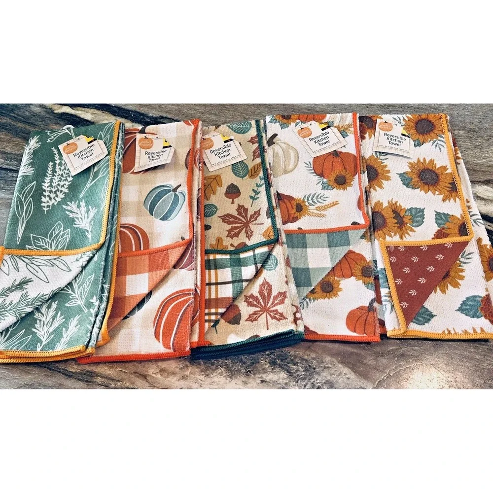 Perfect Harvest Reversible Kitchen Towels‎ Fall Sunflowers Pumpkins Lot of 5 BxG